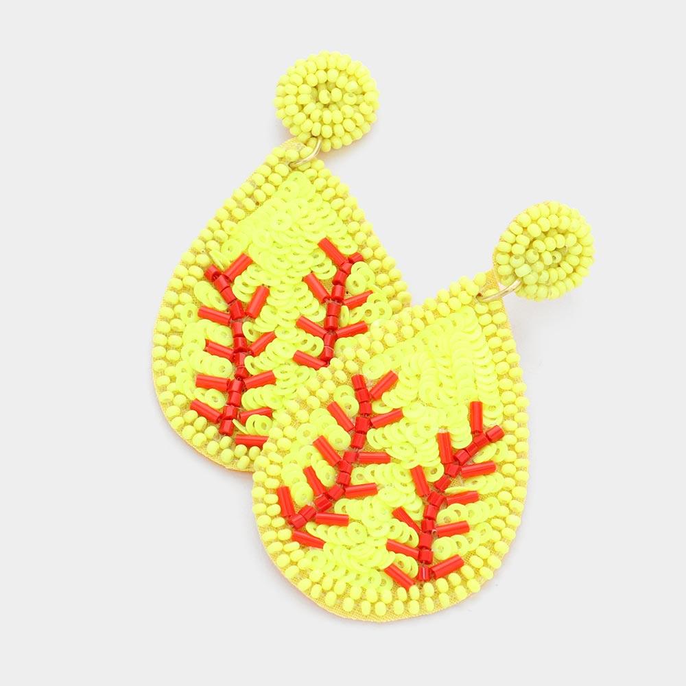 Yellow Felt Back Sequin Beaded Softball Teardrop Dangle Earrings