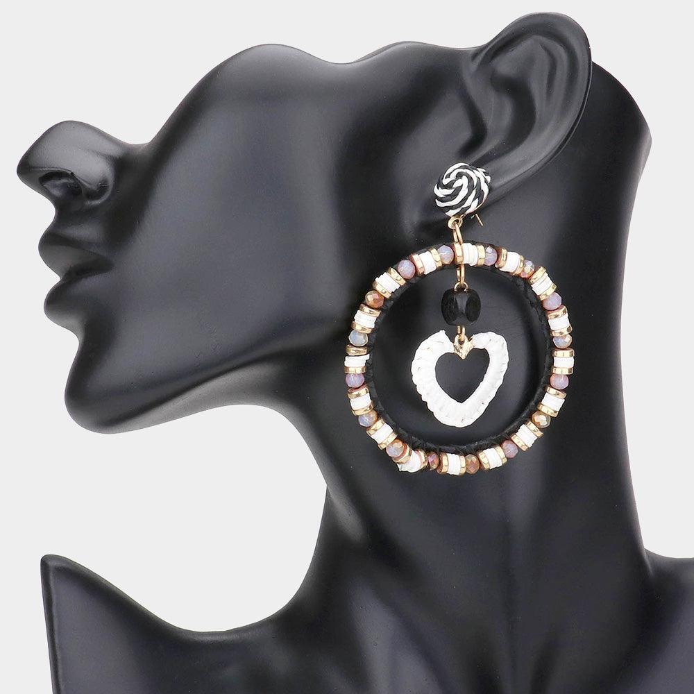 White Straw Heart Accented Heishi Faceted Beaded Open Circle Dangle Earrings