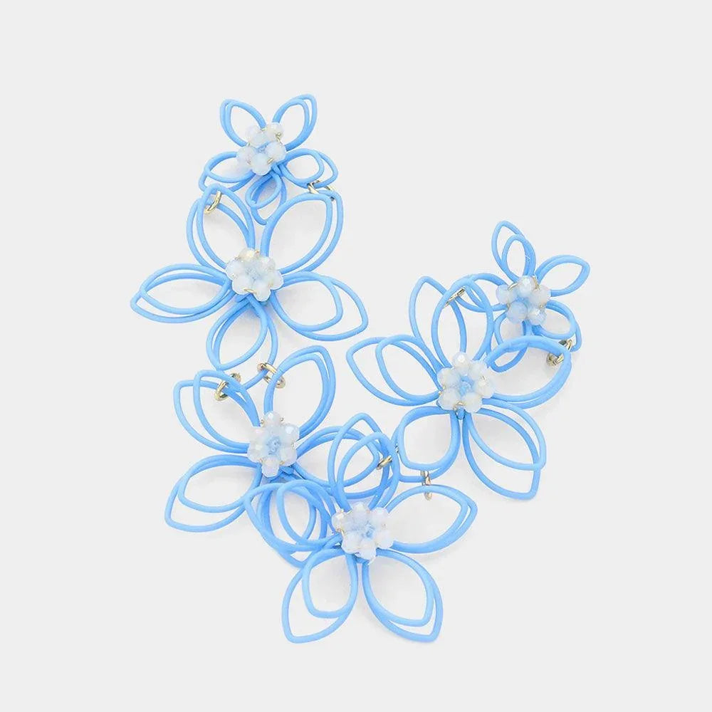 Blue Triple Flower Link Dangle Earrings - Jewelry Store by Erik Rayo