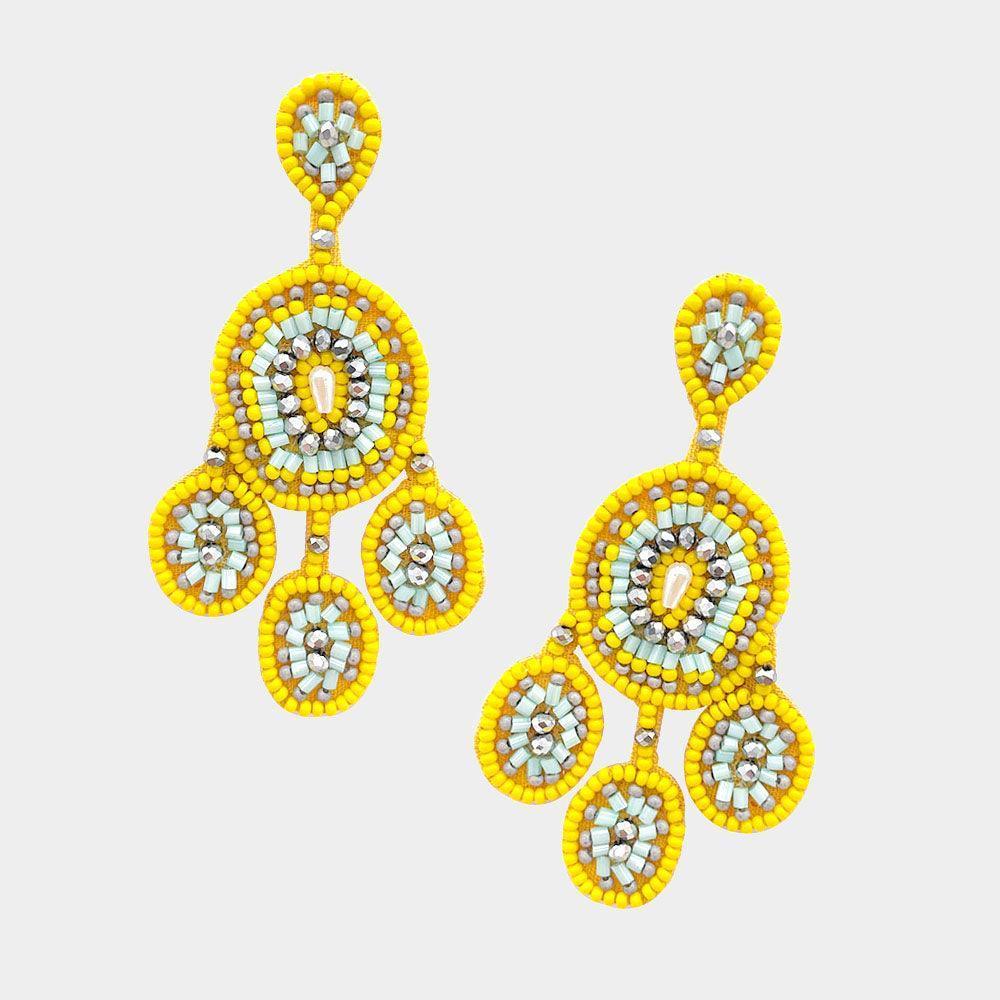 Yellow Felt Back Beaded Geometric Oval Detail Dangle Earrings - Jewelry Store by Erik Rayo