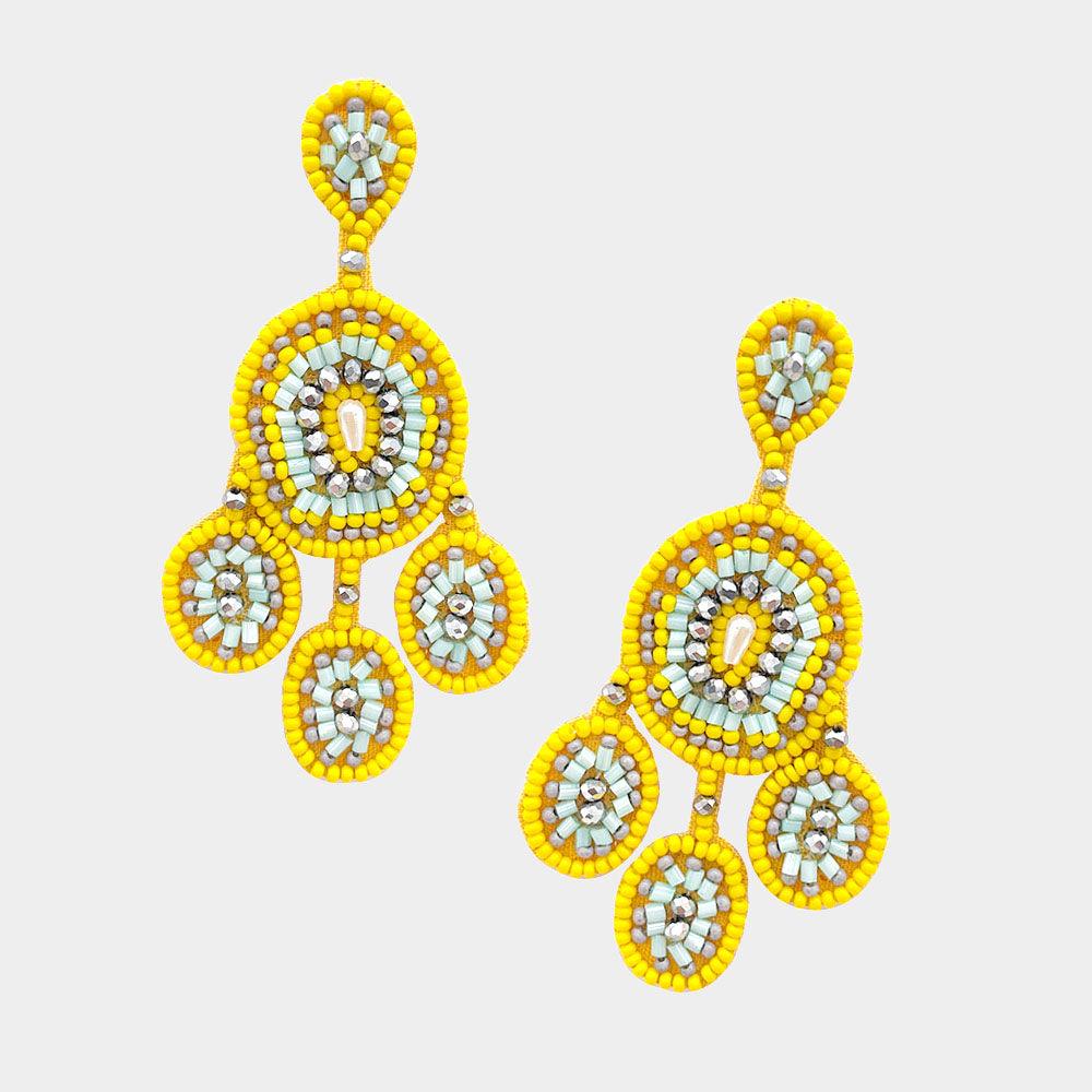 Yellow Felt Back Beaded Geometric Oval Detail Dangle Earrings