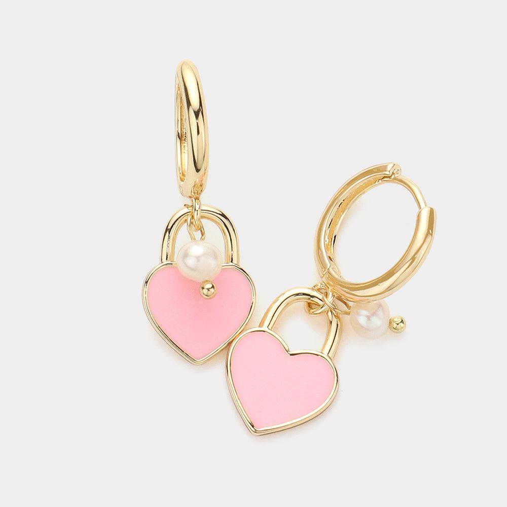 Pink Enamel Heart Pendant Pearl Dangle Huggie Earrings