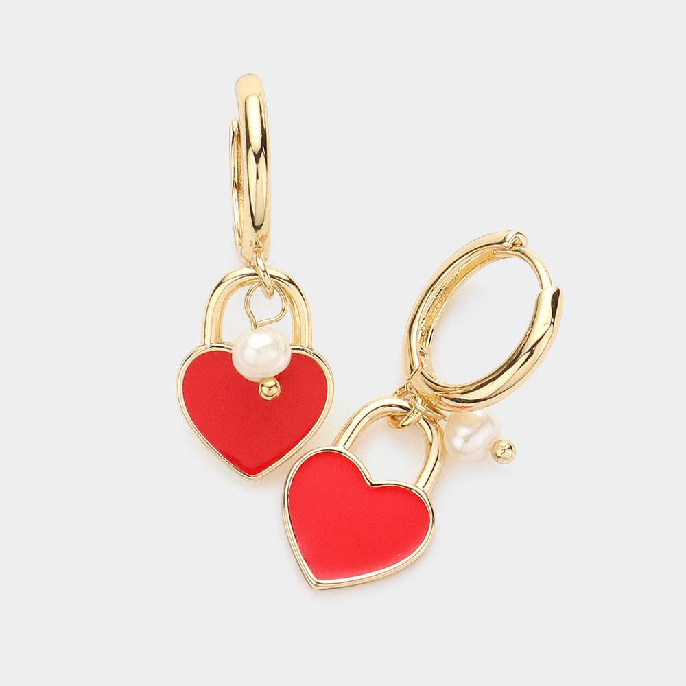 Red Enamel Heart Pendant Pearl Dangle Huggie Earrings