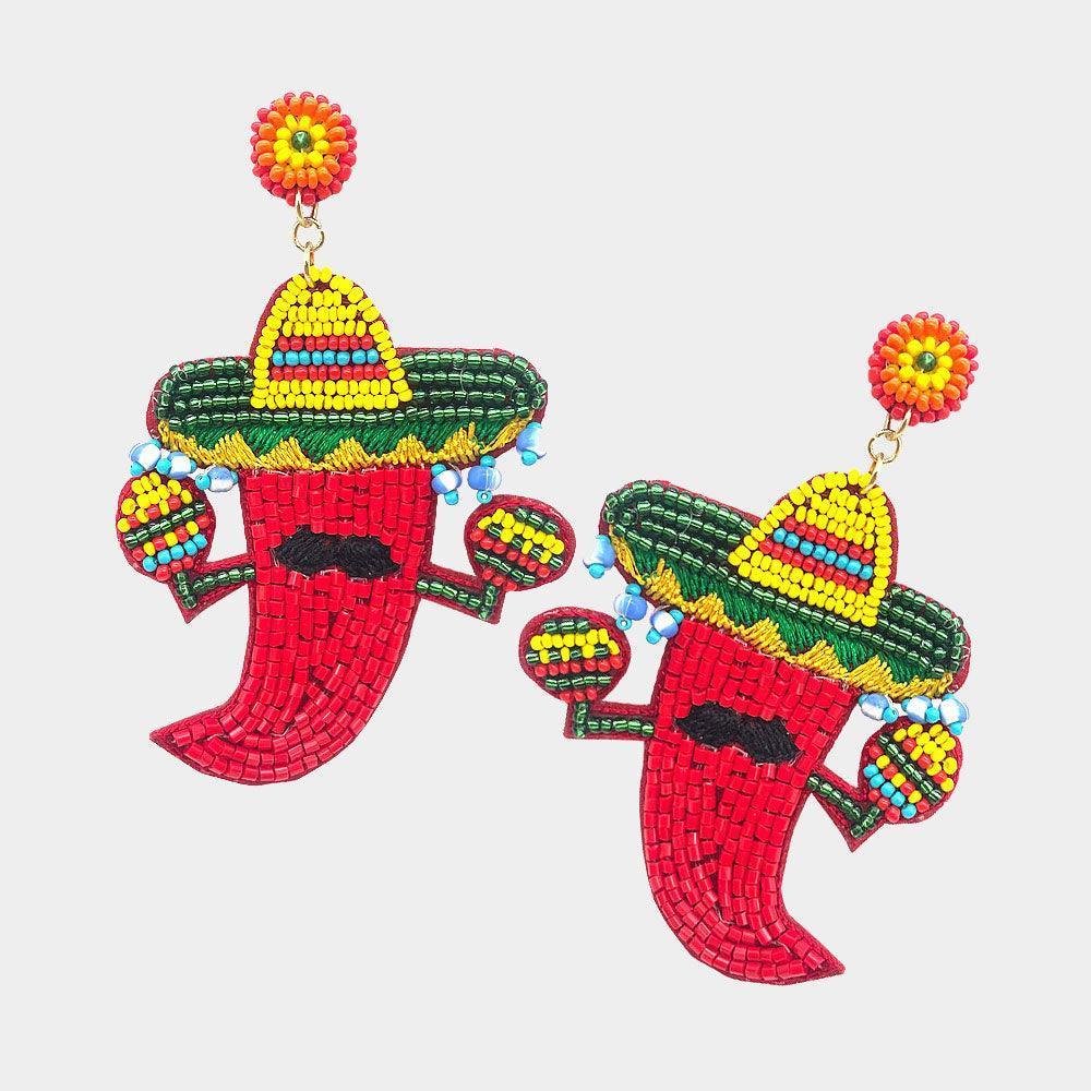 Red Felt Back Beaded Chili Pepper Dangle Earrings - Jewelry Store by Erik Rayo