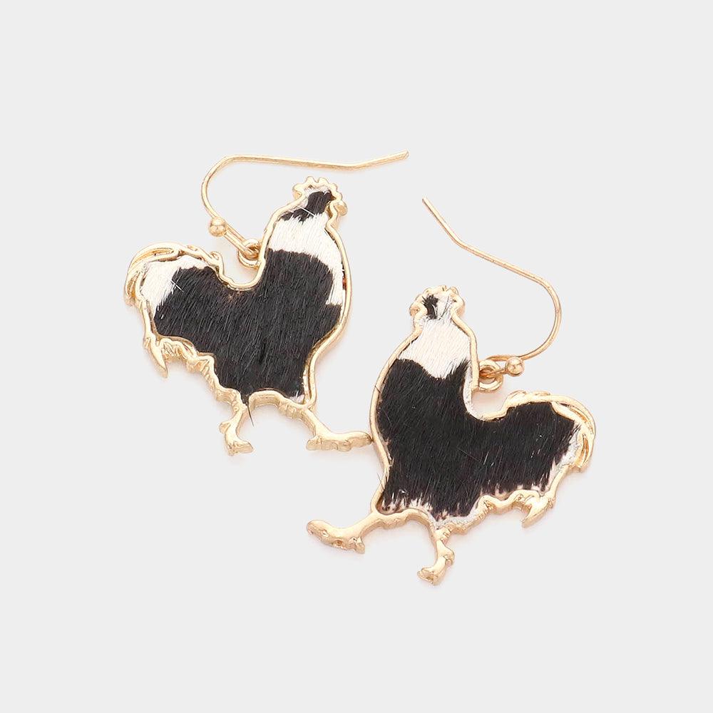 White Genuine Leather Calf Cow Patterned Rooster Dangle Earrings