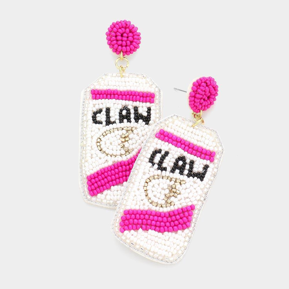 Pink Felt Back Seed Beaded WHITE CLAW Can Dangle Earrings - Jewelry Store by Erik Rayo