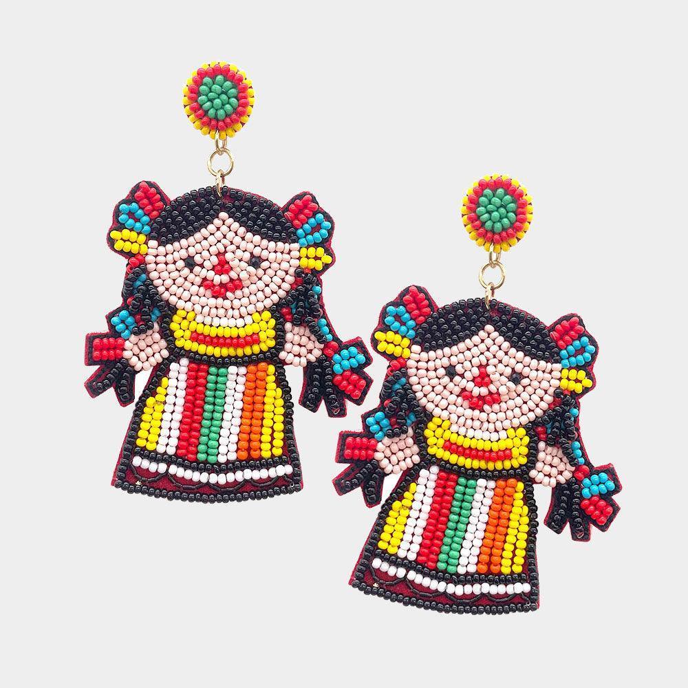 Felt Back Colorful Seed Beaded Girl Dangle Earrings - Jewelry Store by Erik Rayo