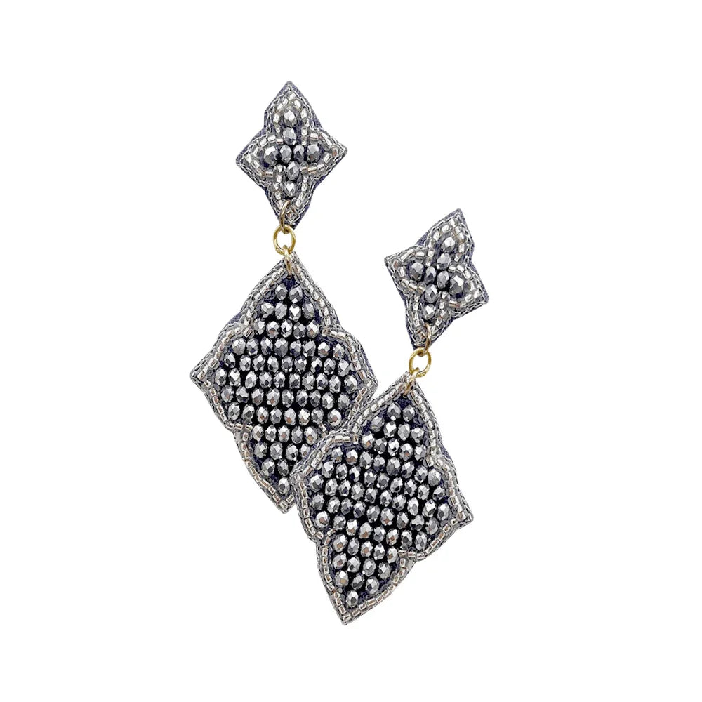 Silver Felt Back Seed Beaded Double Petal Link Dangle Earrings - Jewelry Store by Erik Rayo