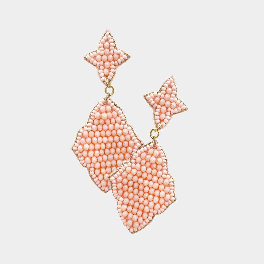 Pink Felt Back Seed Beaded Double Petal Link Dangle Earrings - Jewelry Store by Erik Rayo