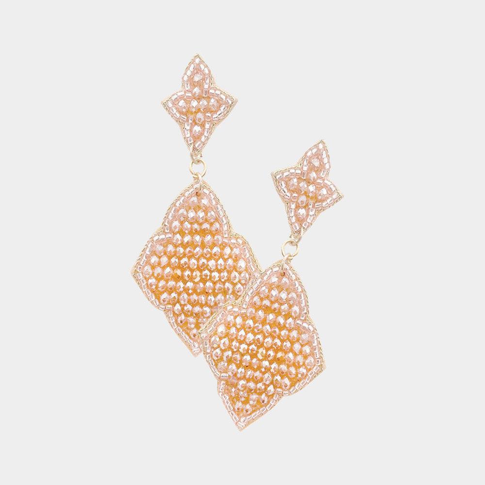 Rose Gold Felt Back Seed Beaded Double Petal Link Dangle Earrings - Jewelry Store by Erik Rayo