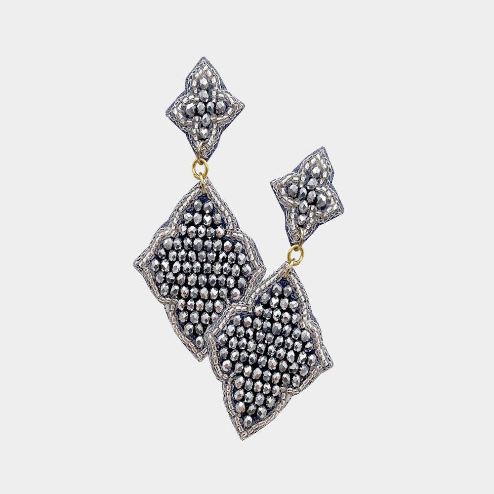 Silver Felt Back Seed Beaded Double Petal Link Dangle Earrings - Jewelry Store by Erik Rayo