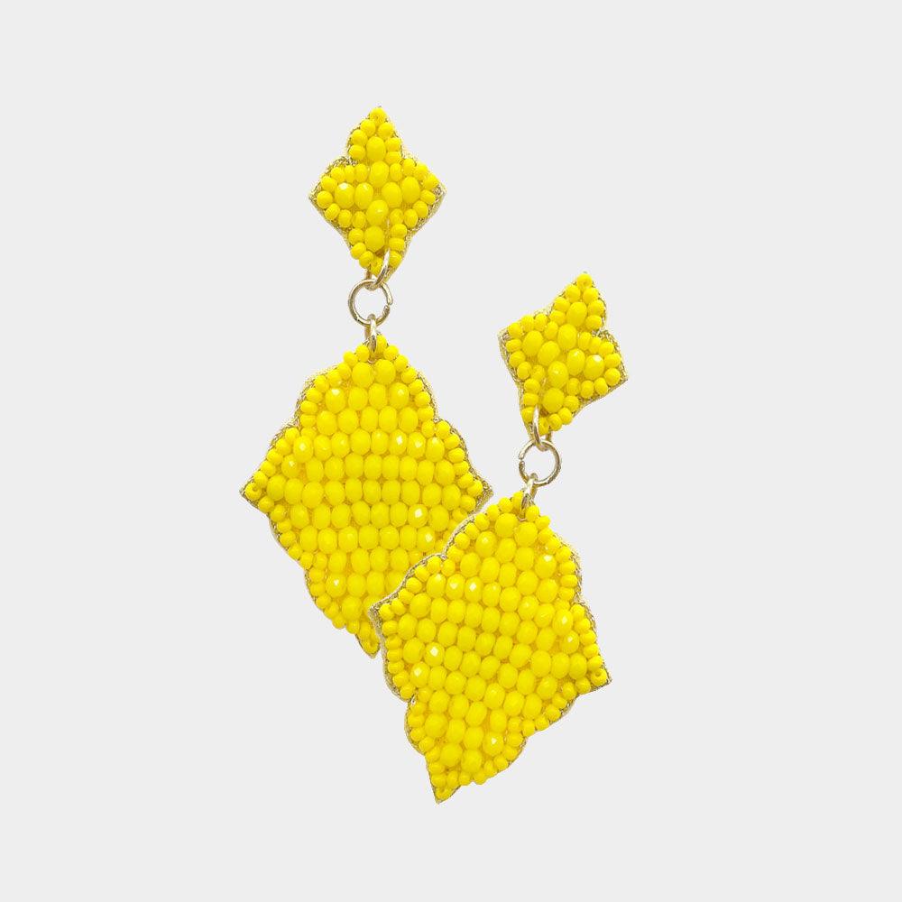 Yellow Felt Back Seed Beaded Double Petal Link Dangle Earrings