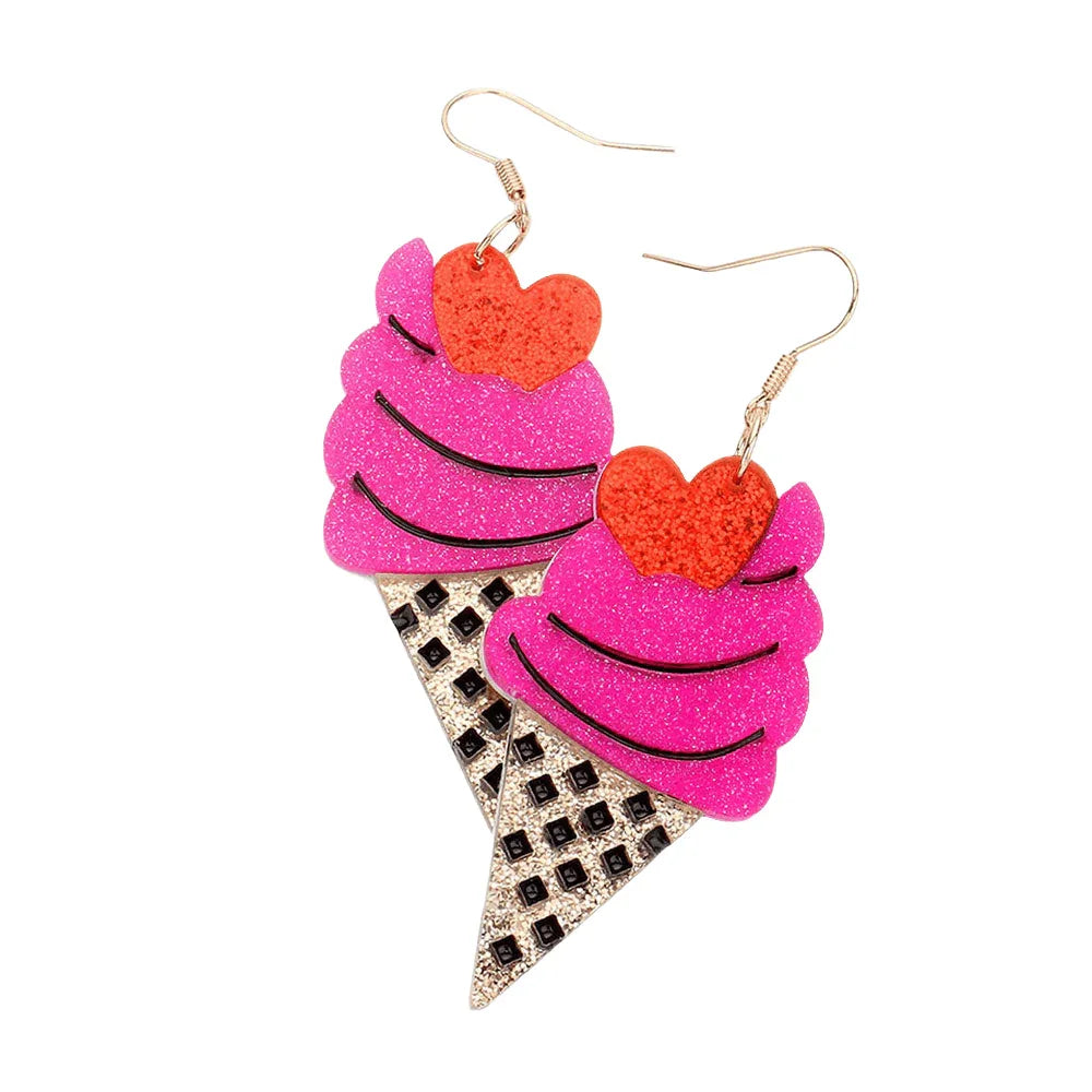 Fuchsia Glittered Resin Ice Cream Dangle Earrings