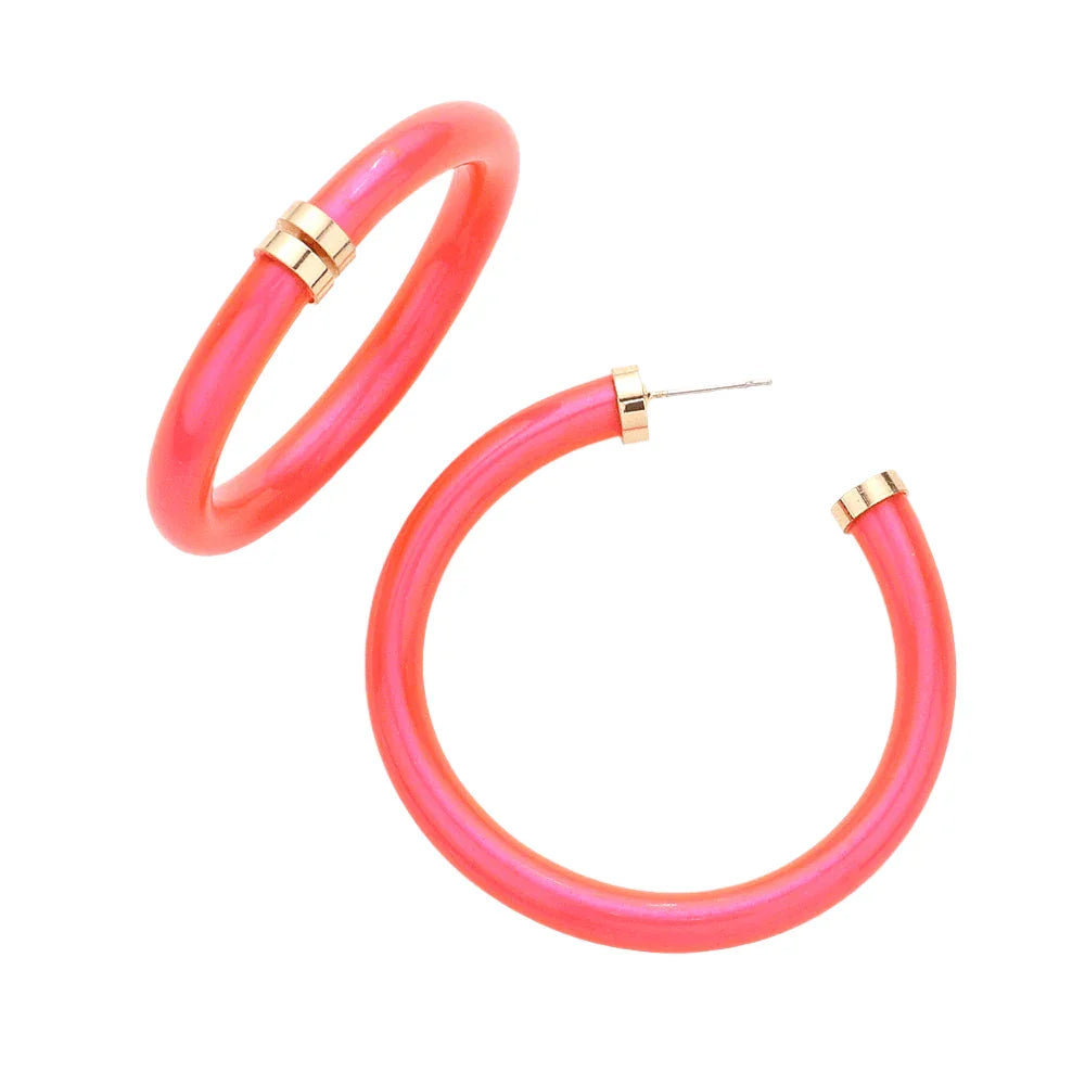 Fuchsia Colored Shiny Tube Hoop Earrings - Jewelry Store by Erik Rayo