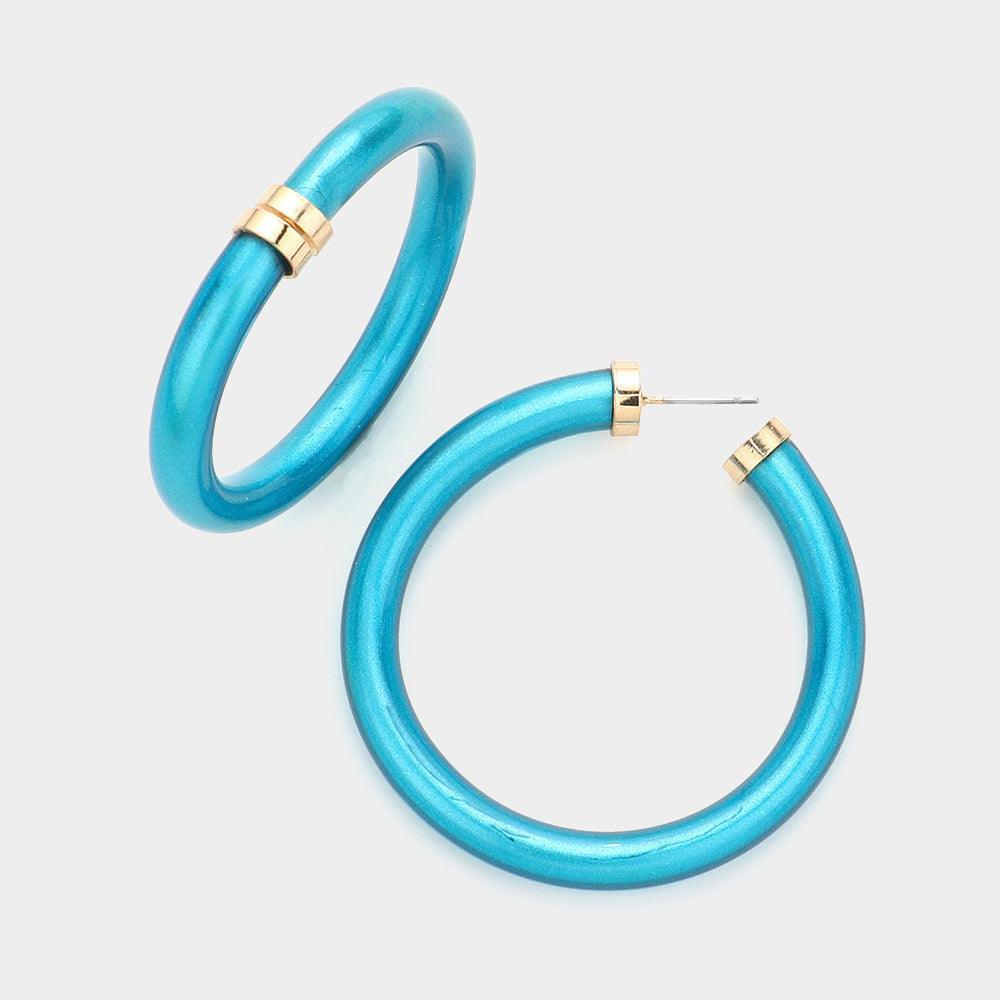 Blue Colored Shiny Tube Hoop Earrings - Jewelry Store by Erik Rayo