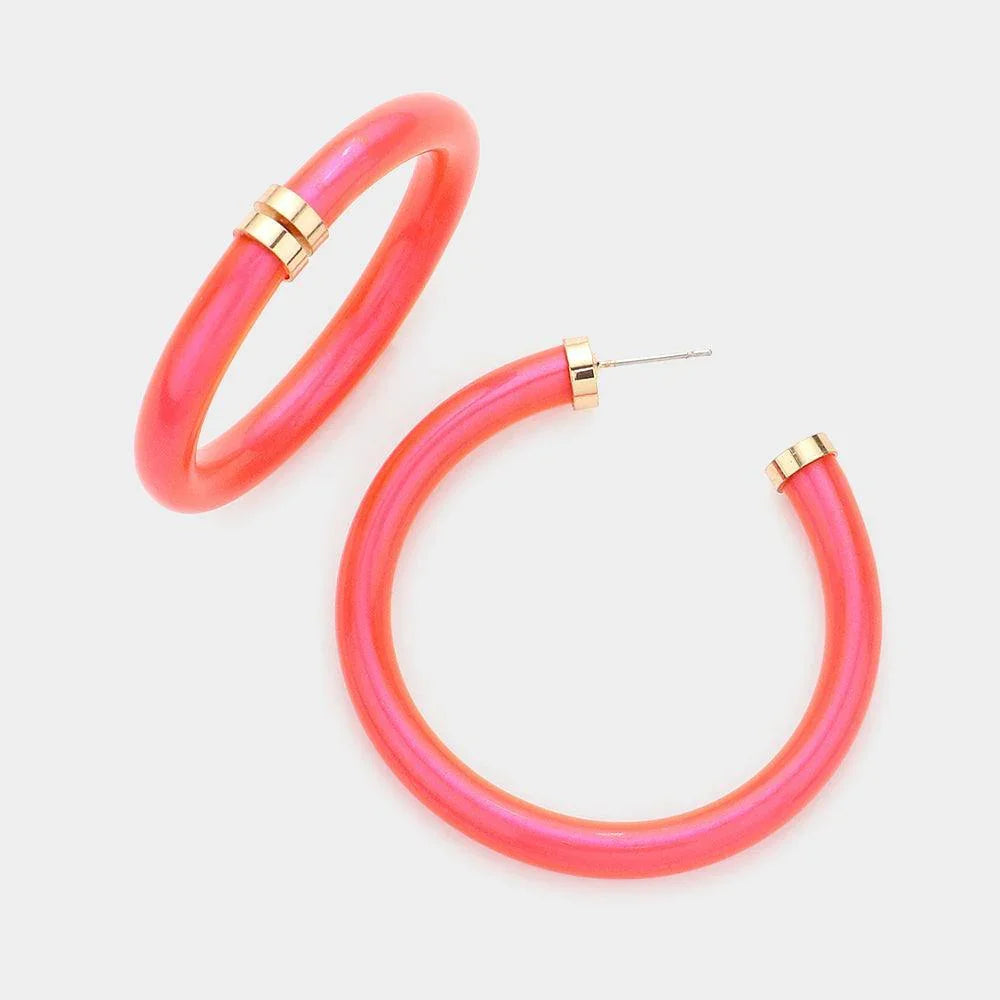 Fuchsia Colored Shiny Tube Hoop Earrings - Jewelry Store by Erik Rayo