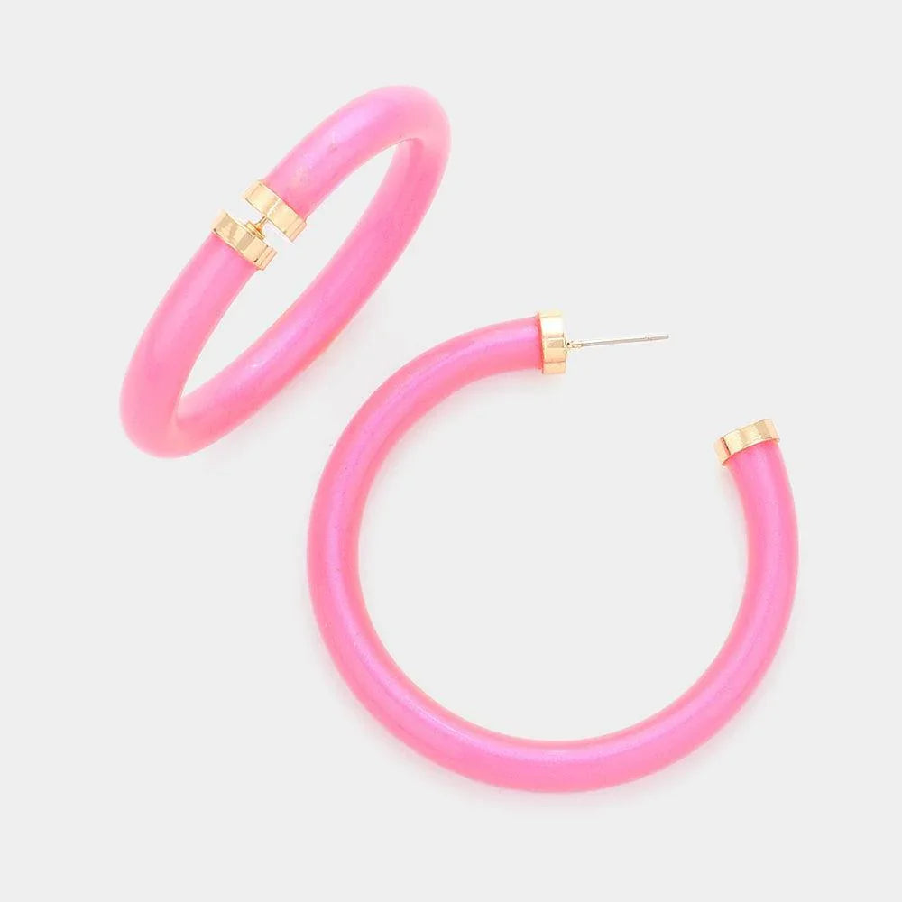 Pink Colored Shiny Tube Hoop Earrings - Jewelry Store by Erik Rayo