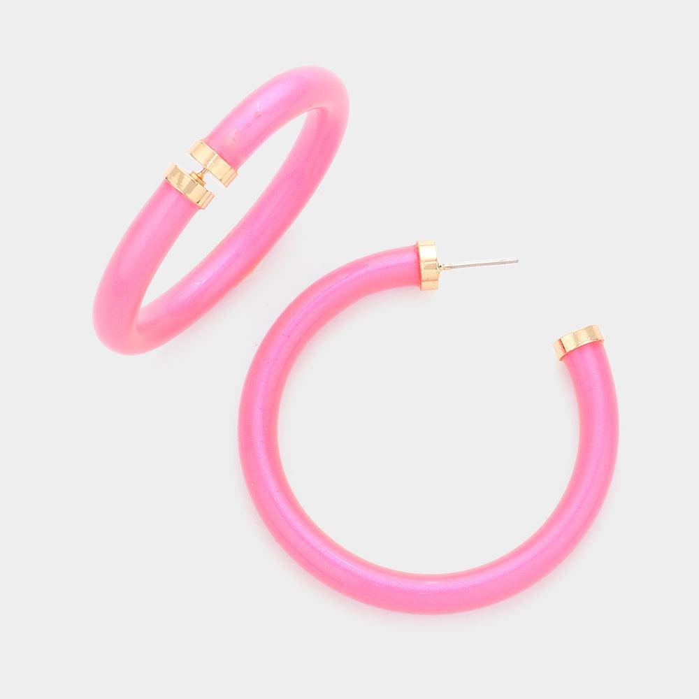 Pink Colored Shiny Tube Hoop Earrings