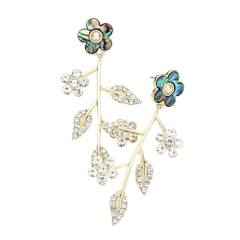 Abalone Flower Accented Brass Metal Leaf Dangle Earrings - Jewelry Store by Erik Rayo