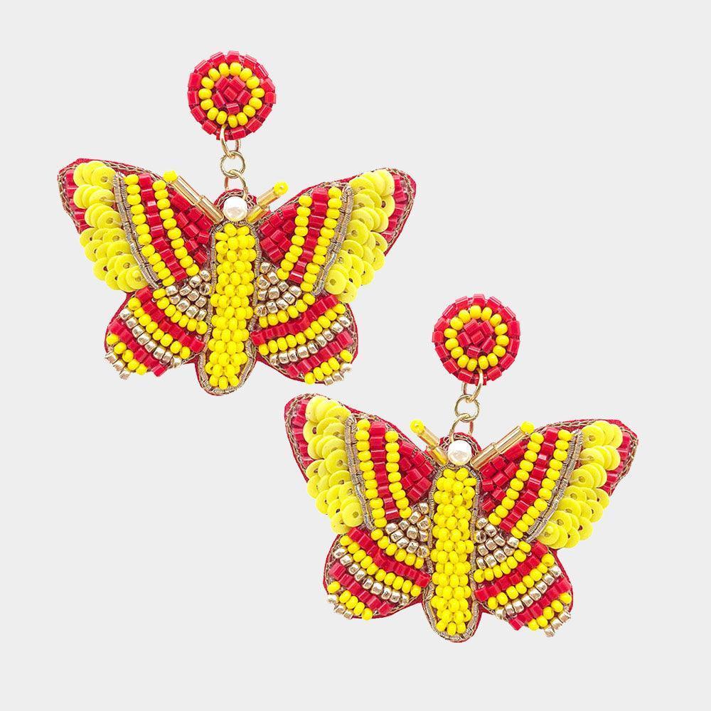 Red Felt Back Sequin Multi Beaded Butterfly Dangle Earrings - Jewelry Store by Erik Rayo