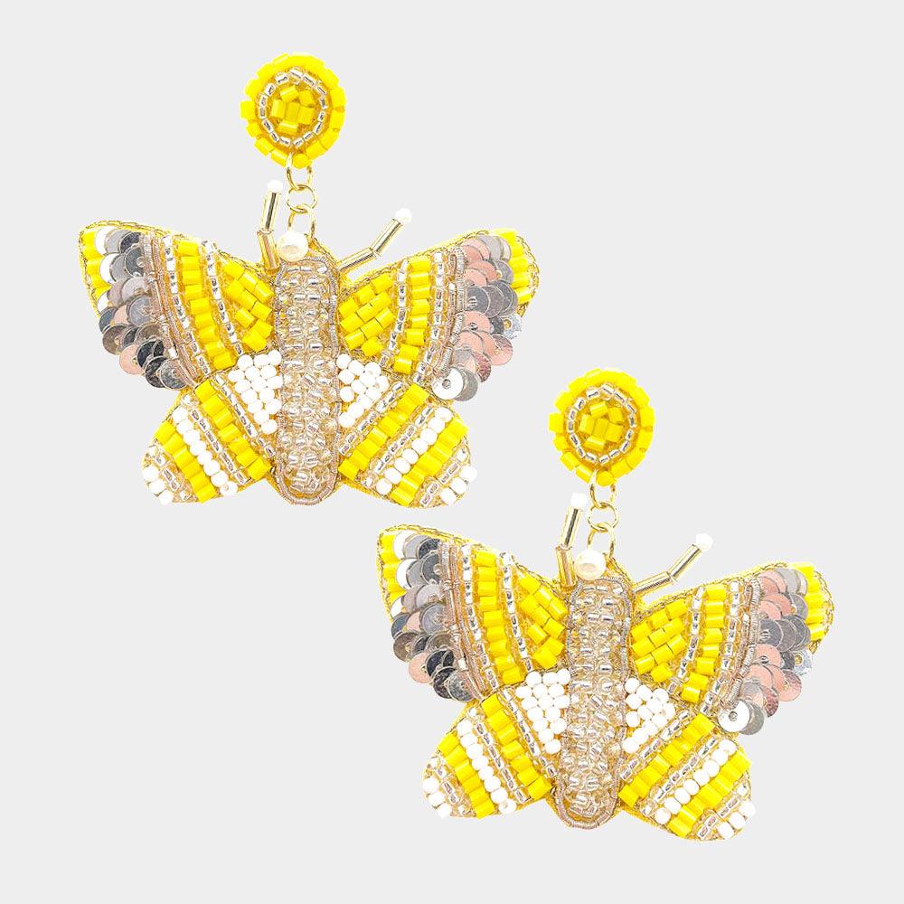 Yellow Felt Back Sequin Multi Beaded Butterfly Dangle Earrings