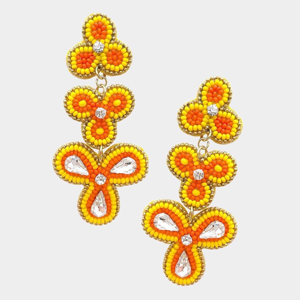 Yellow Felt Back Teardrop Stone Bead Embellished Triple Trefoil Link Dangle Earrings - Jewelry Store by Erik Rayo