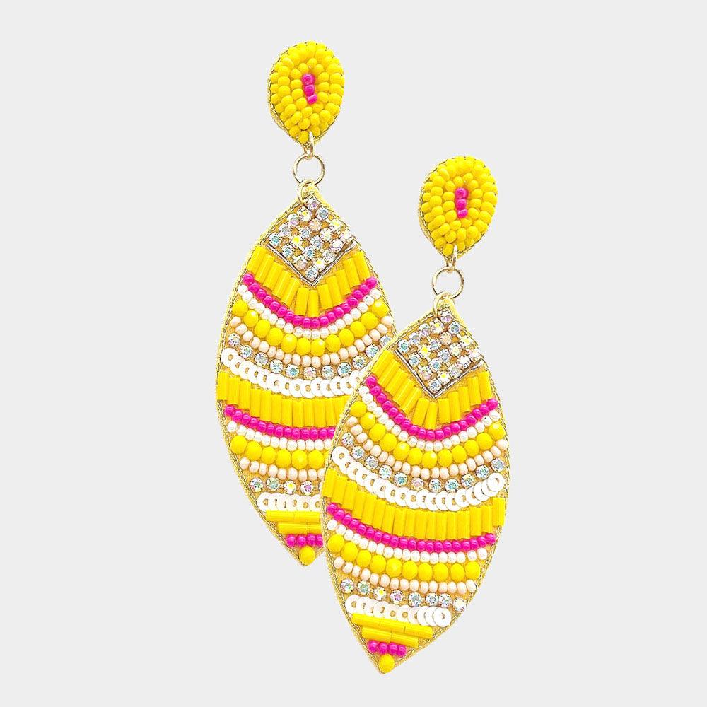 Yellow Felt Back Rhinestone Bead Embellished Petal Dangle Earrings