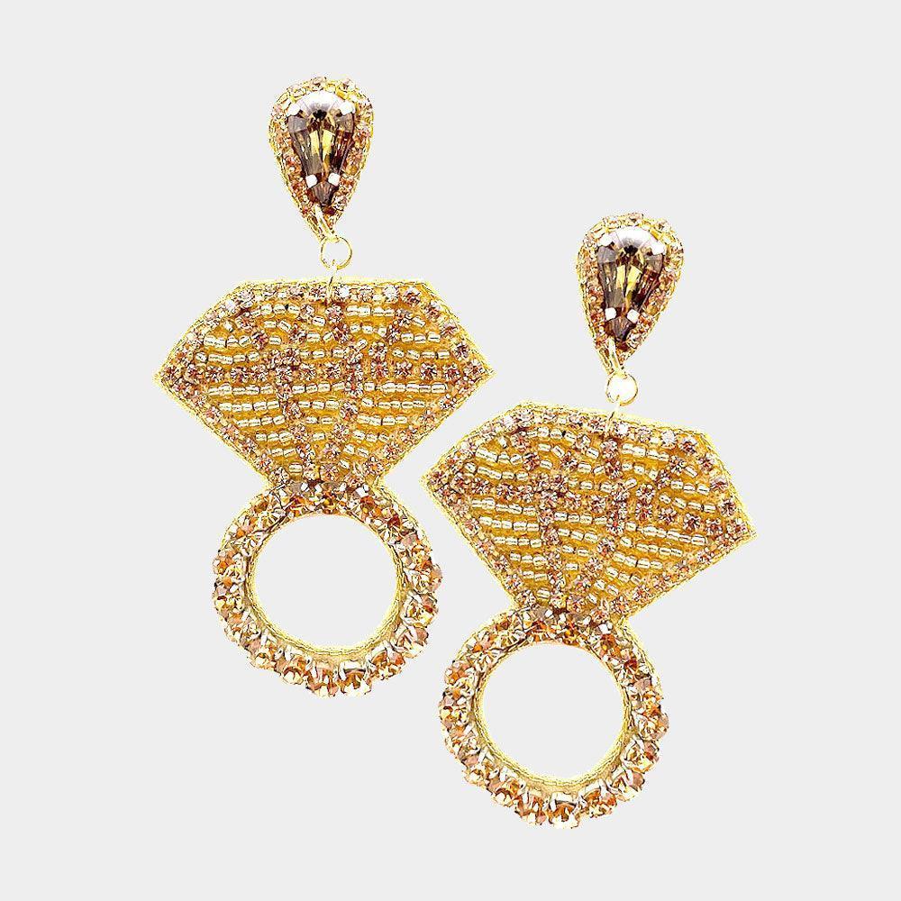 Gold Felt Back Seed Beaded Diamond Ring Dangle Earrings - Jewelry Store by Erik Rayo