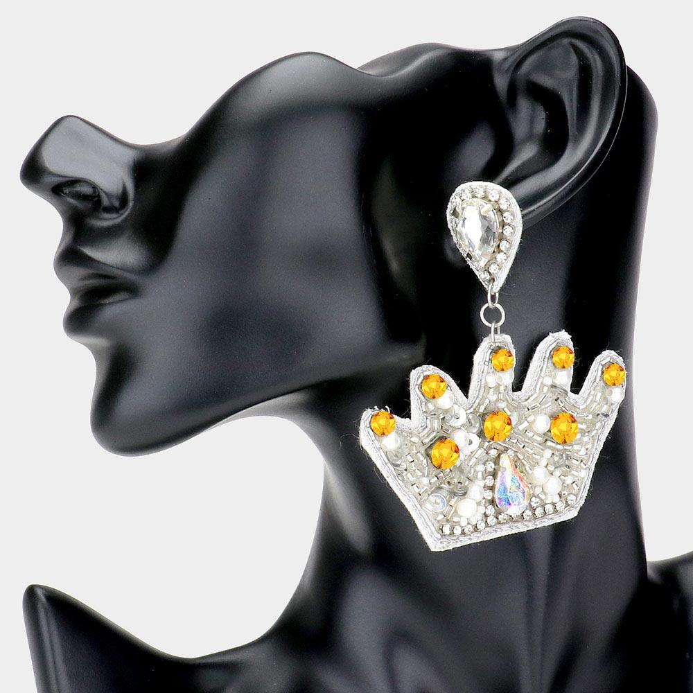 Yellow Felt Back Multi Beaded Crown Dangle Earrings