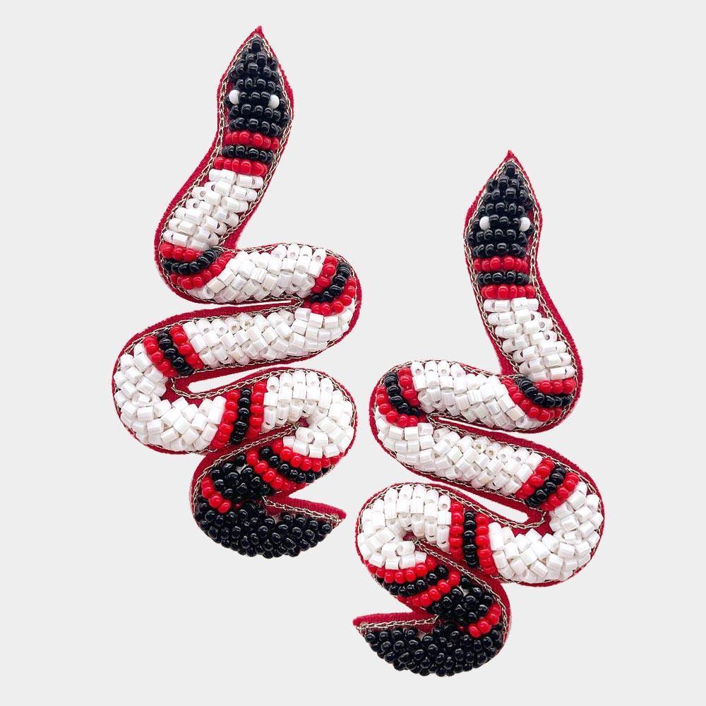 White Felt Back Seed Beaded Snake Earrings - Jewelry Store by Erik Rayo