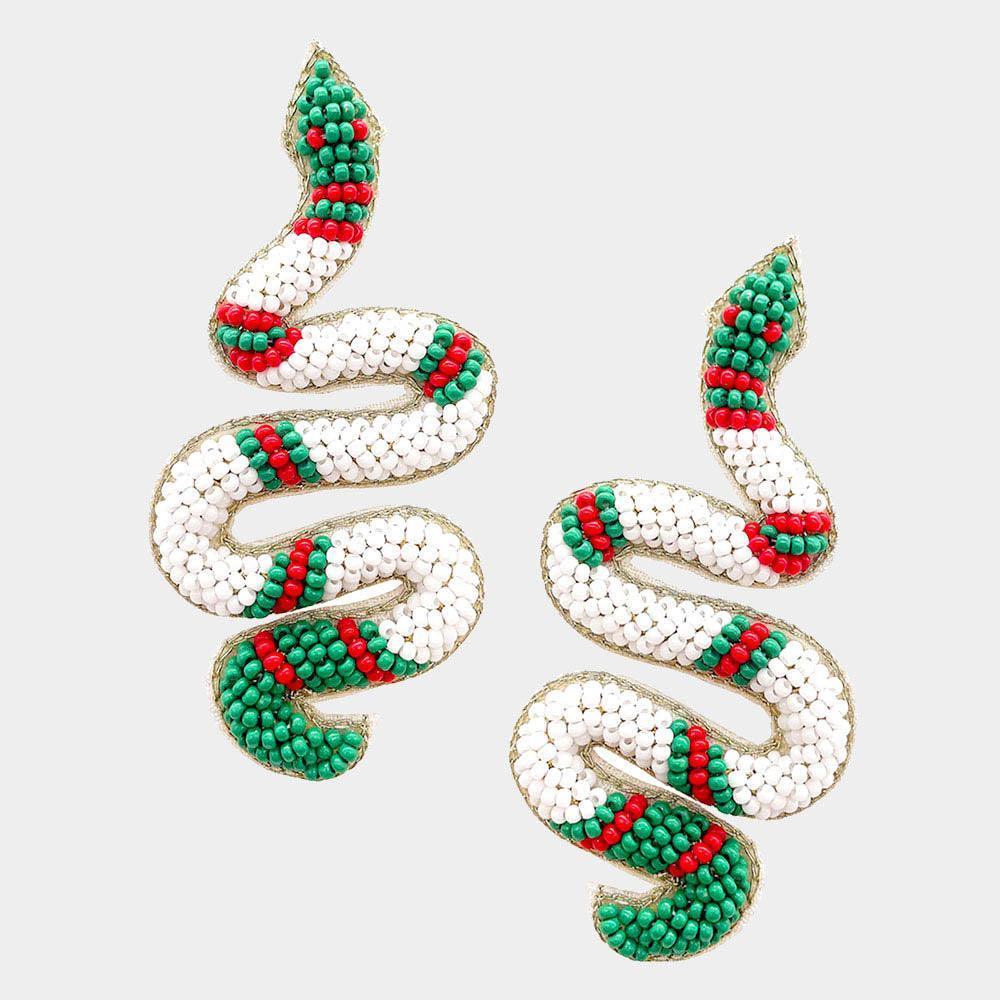 White Felt Back Seed Beaded Snake Earrings - Jewelry Store by Erik Rayo