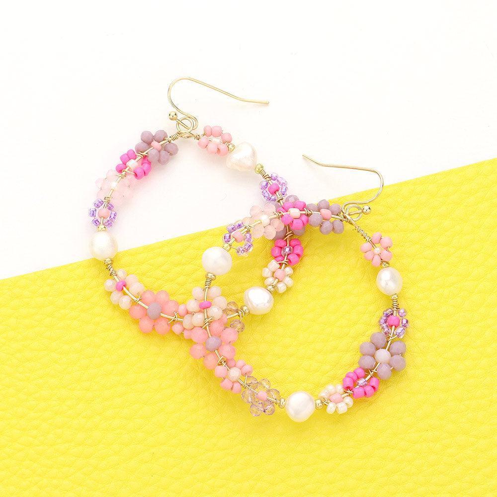 Pink Pearl Faceted Beaded Flower Cluster Open Circle Dangle Earrings - Jewelry Store by Erik Rayo