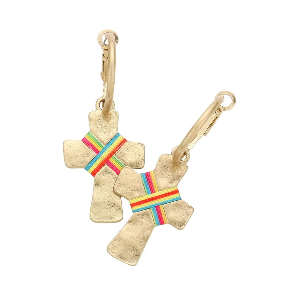 Womens Earrings Cross with Mulitcolor String Tied