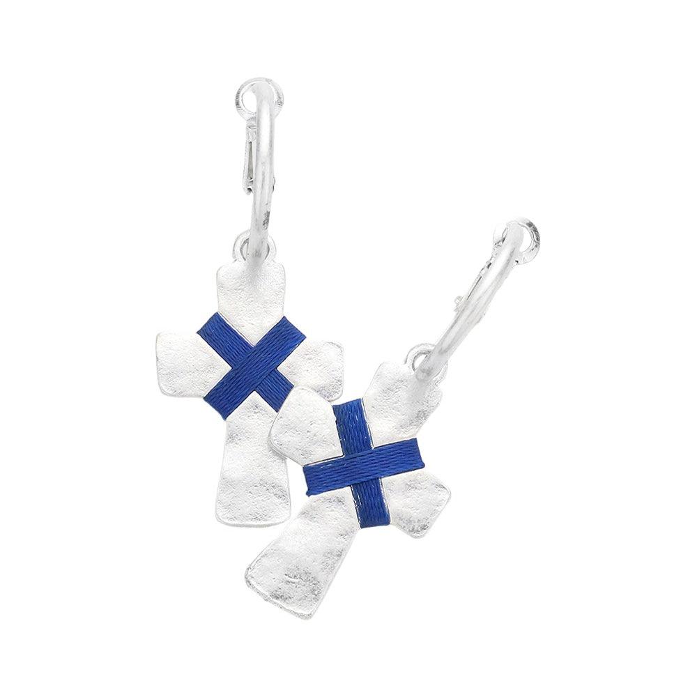 Womens Earrings Cross in Silver with Silver String Tied