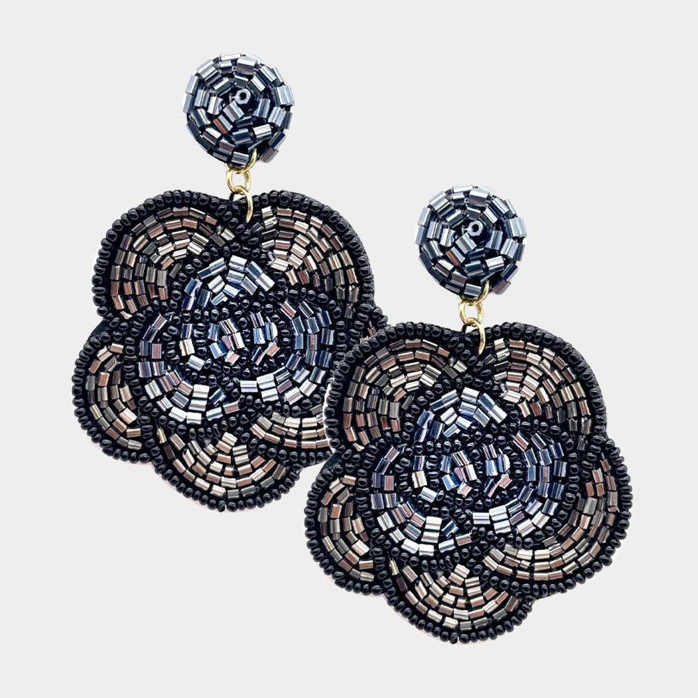 Black Felt Back Beaded Flower Dangle Earrings - Jewelry Store by Erik Rayo