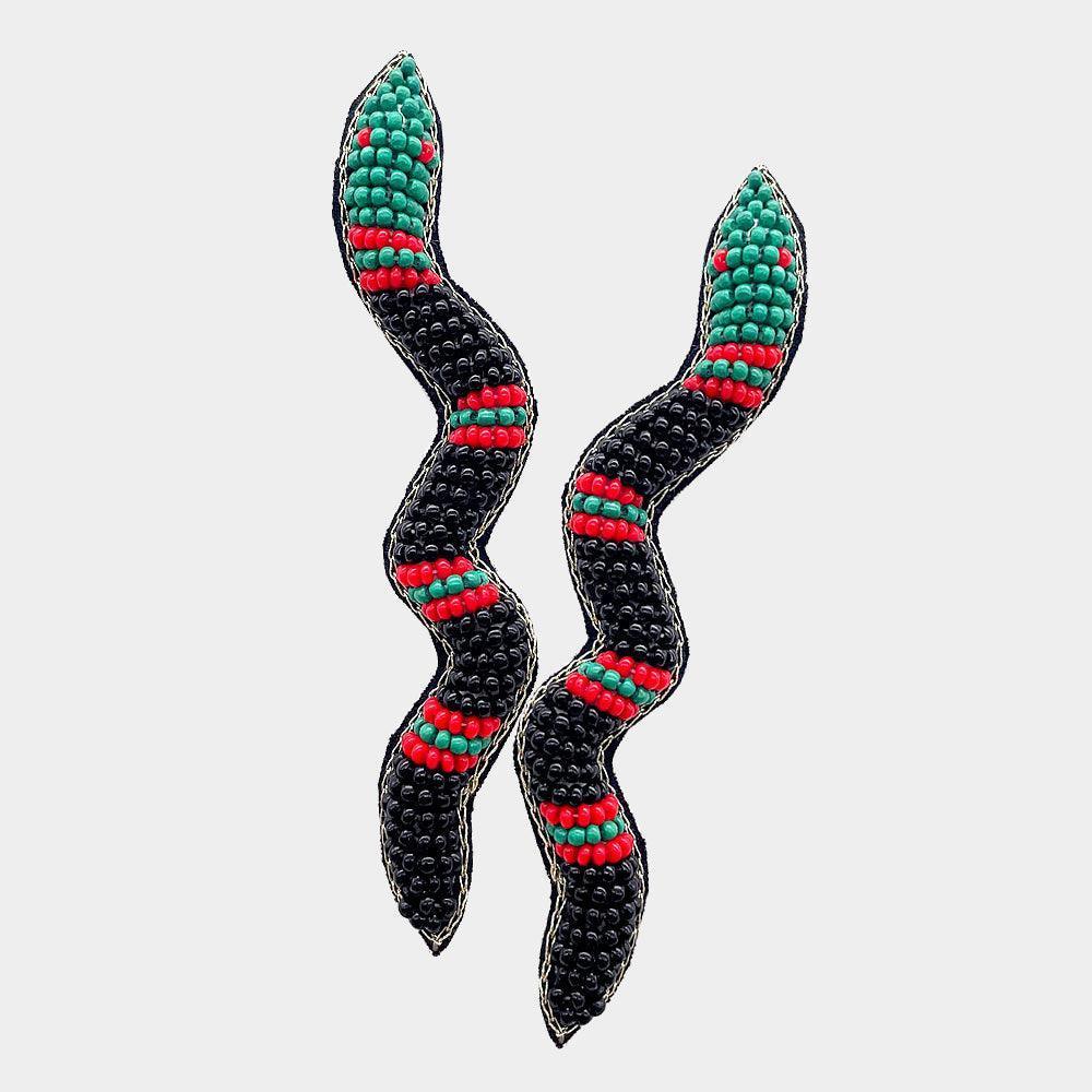 Black Felt Back Seed Beaded Snake Earrings - Jewelry Store by Erik Rayo