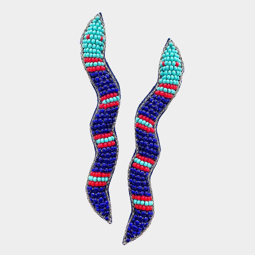 Blue Felt Back Seed Beaded Snake Earrings - Jewelry Store by Erik Rayo