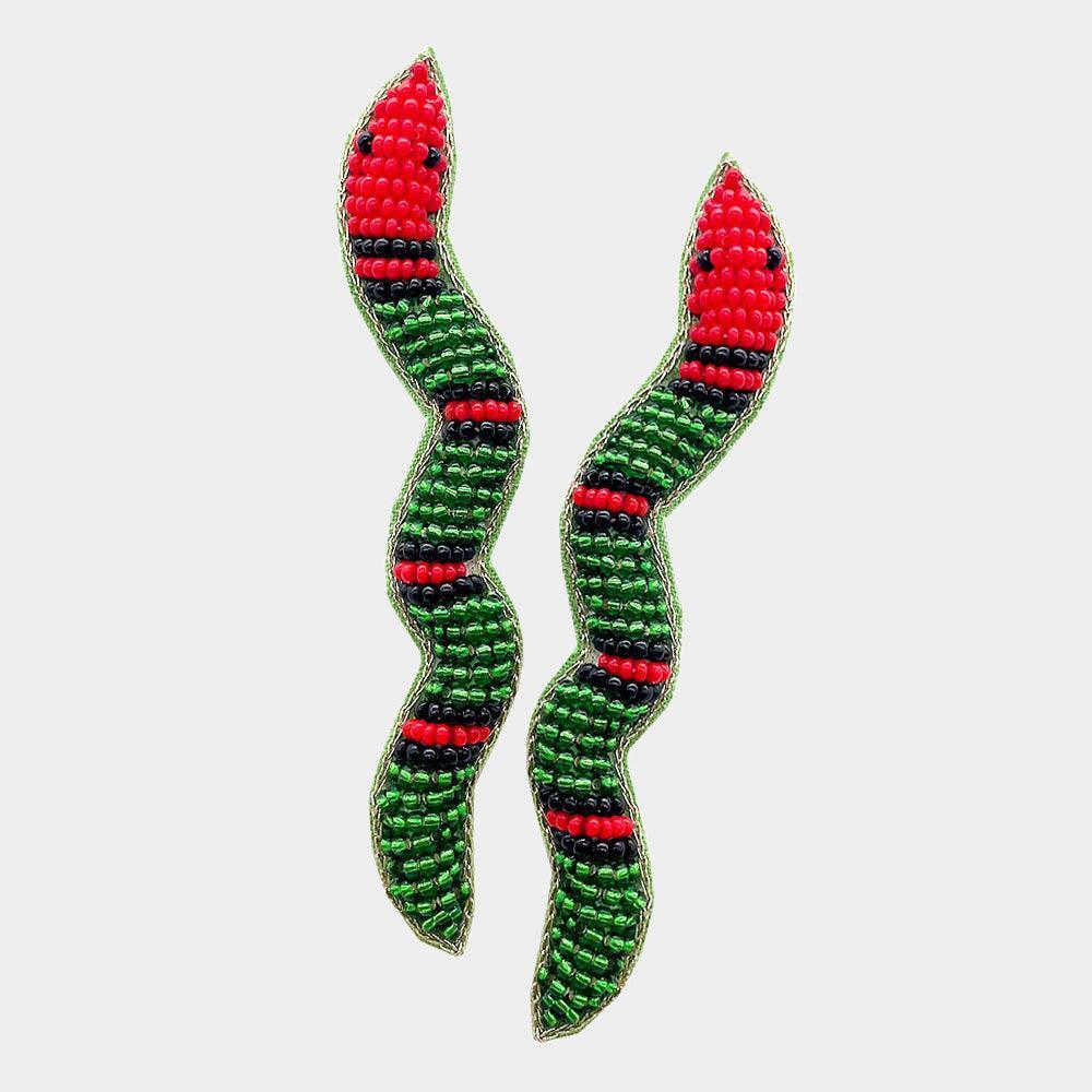 Green Felt Back Seed Beaded Snake Earrings - Jewelry Store by Erik Rayo