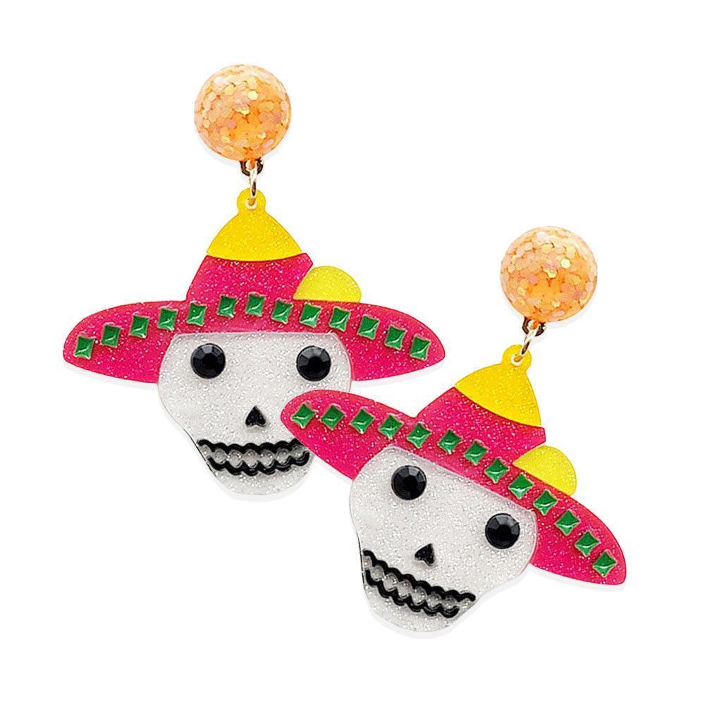 Fuchsia Glittered Resin Hat Skull Dangle Earrings - Jewelry Store by Erik Rayo