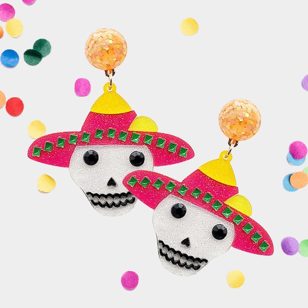 Fuchsia Glittered Resin Hat Skull Dangle Earrings - Jewelry Store by Erik Rayo