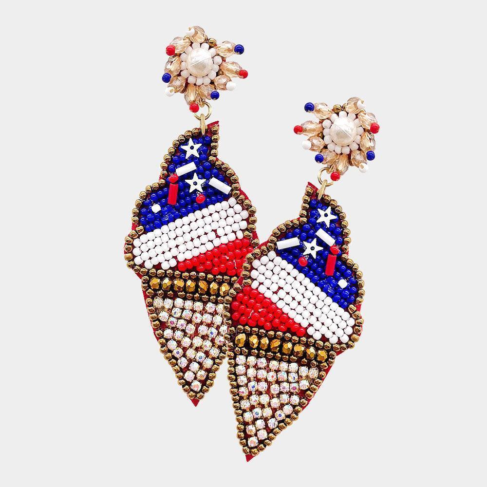 Felt Back Seed Beaded American USA Flag Ice Cream Dangle Earrings - Jewelry Store by Erik Rayo