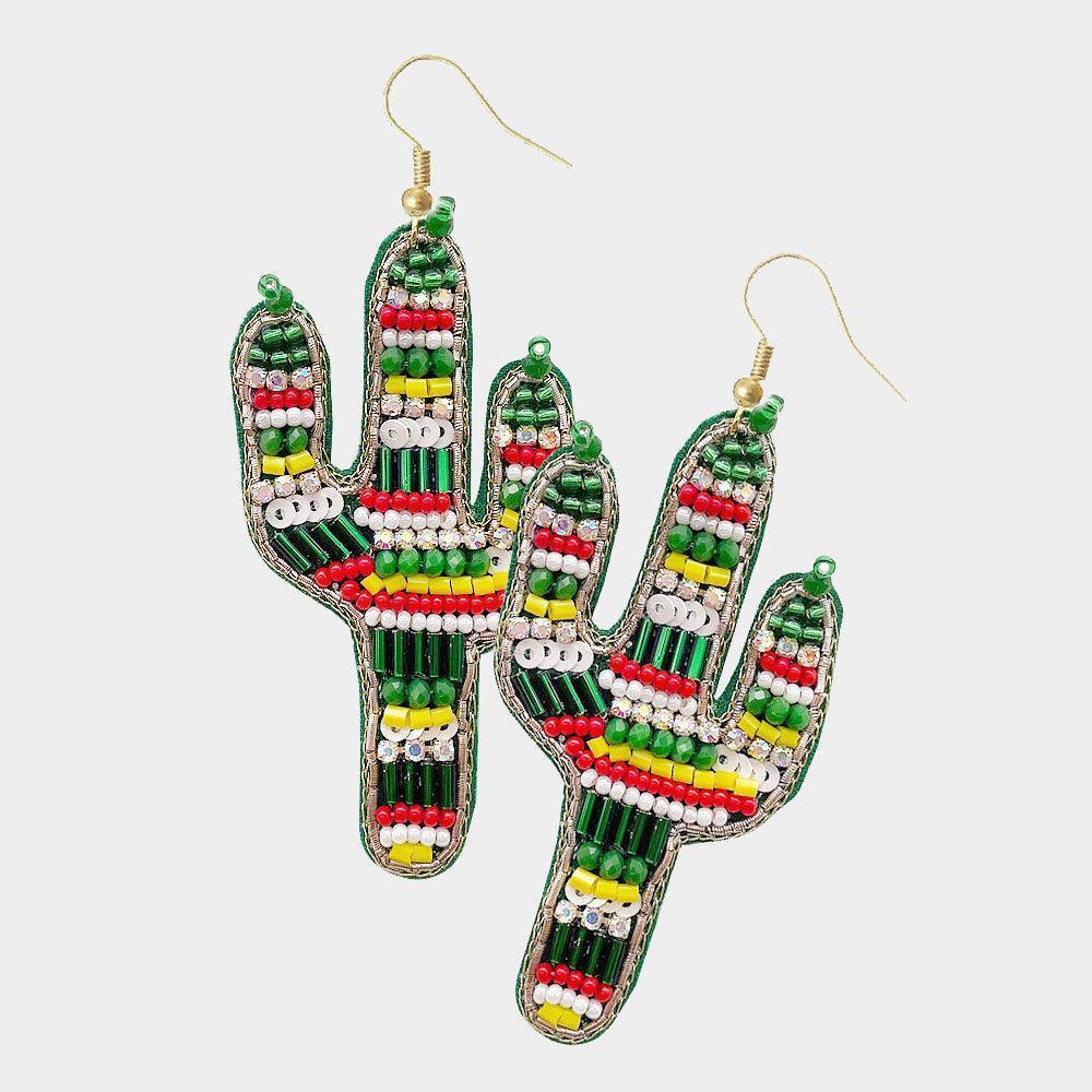 Green Felt Back Multi Beaded Cactus Dangle Earrings - Jewelry Store by Erik Rayo