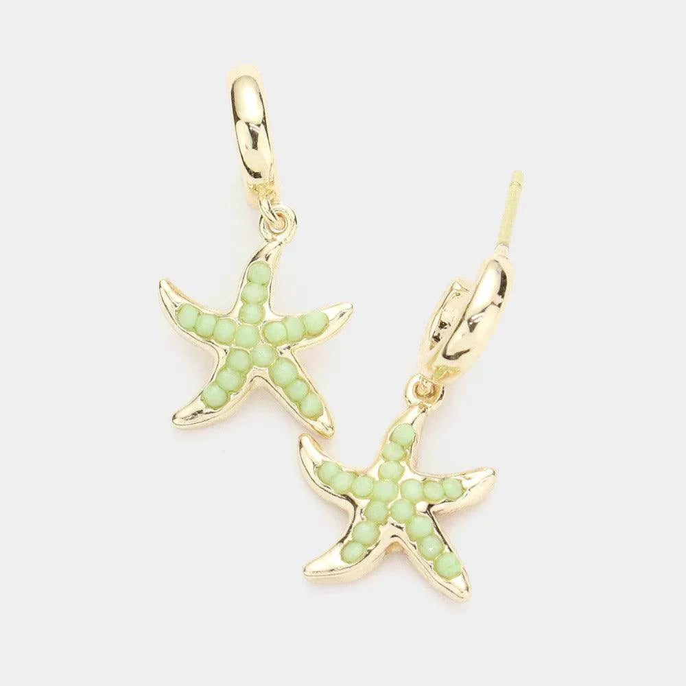 Metal Half Hoop Bead Embellished Starfish Dangle Earrings - Jewelry Store by Erik Rayo