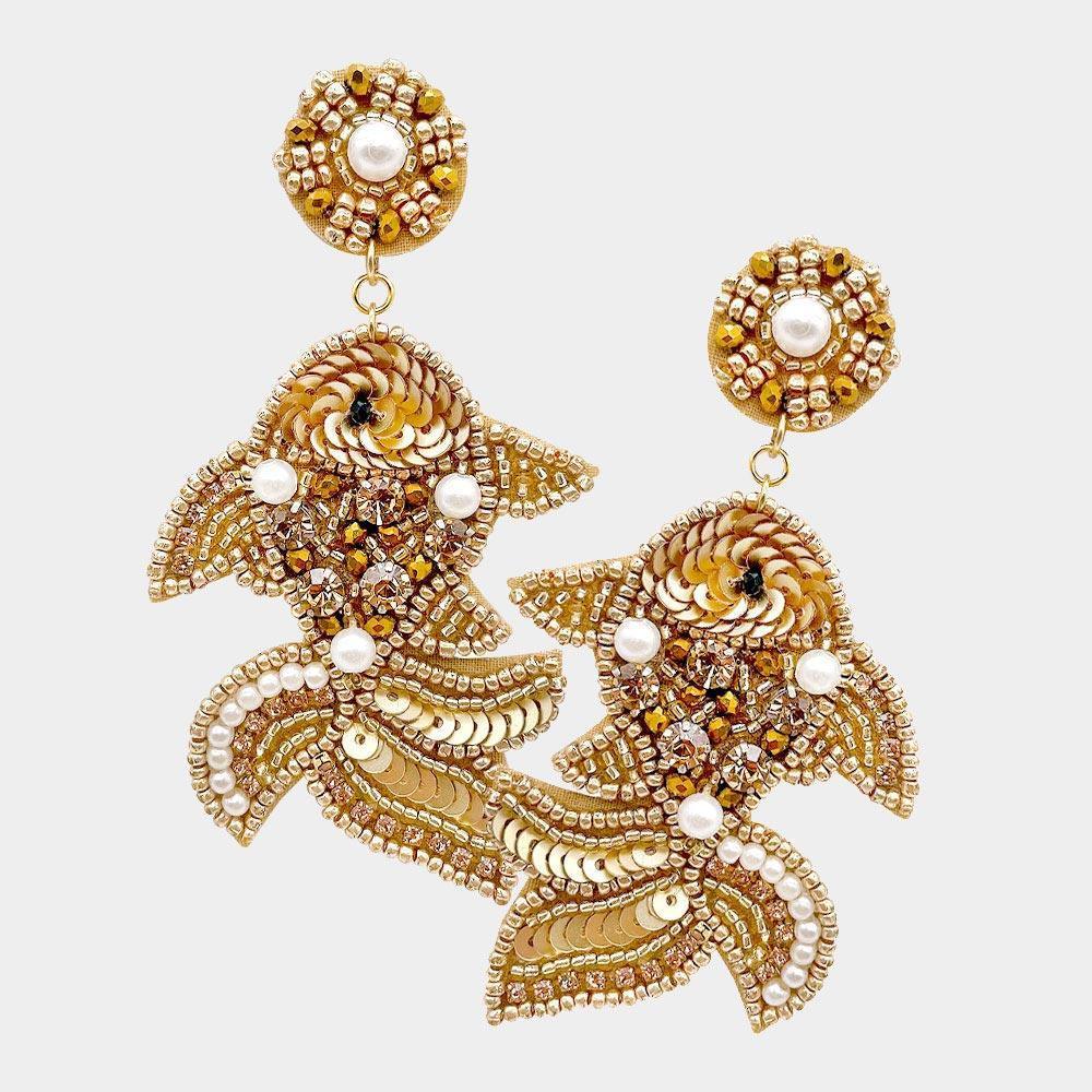 Gold Felt Back Multi Beaded Fish Dangle Earrings - Jewelry Store by Erik Rayo