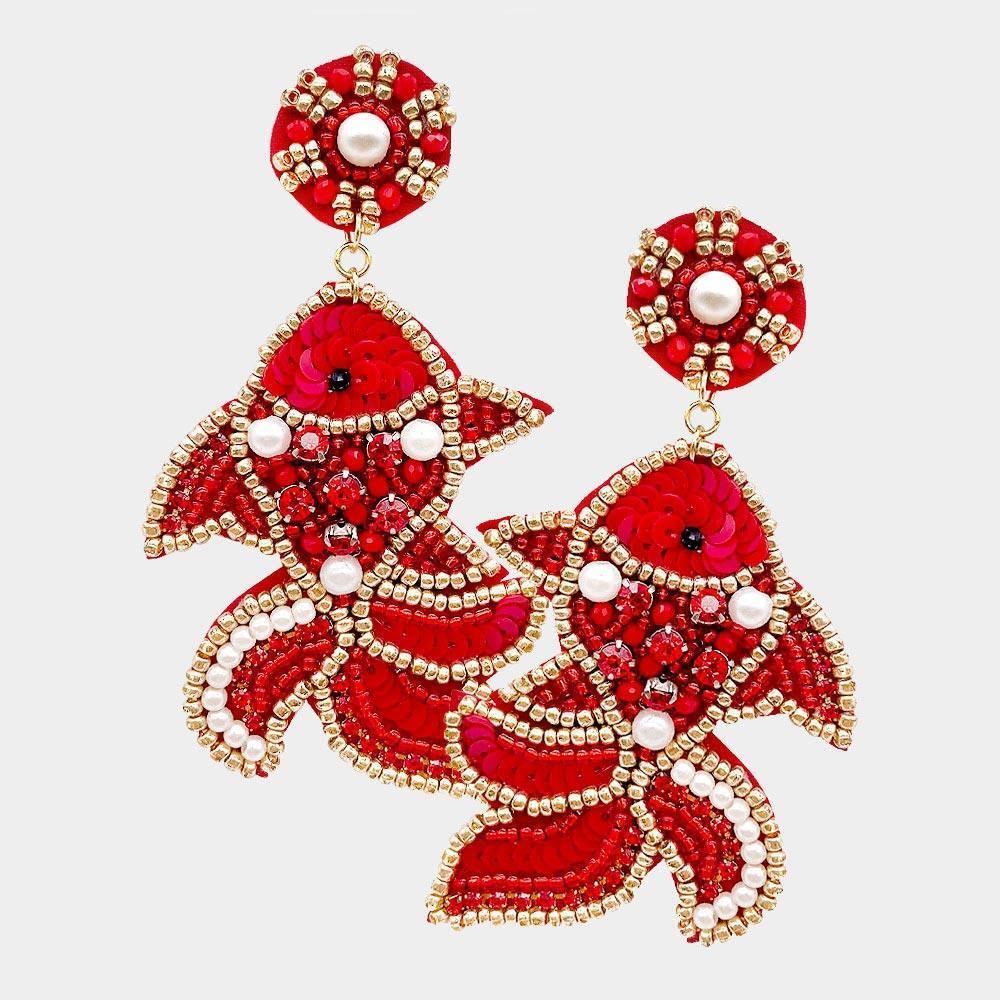 Red Felt Back Multi Beaded Fish Dangle Earrings - Jewelry Store by Erik Rayo