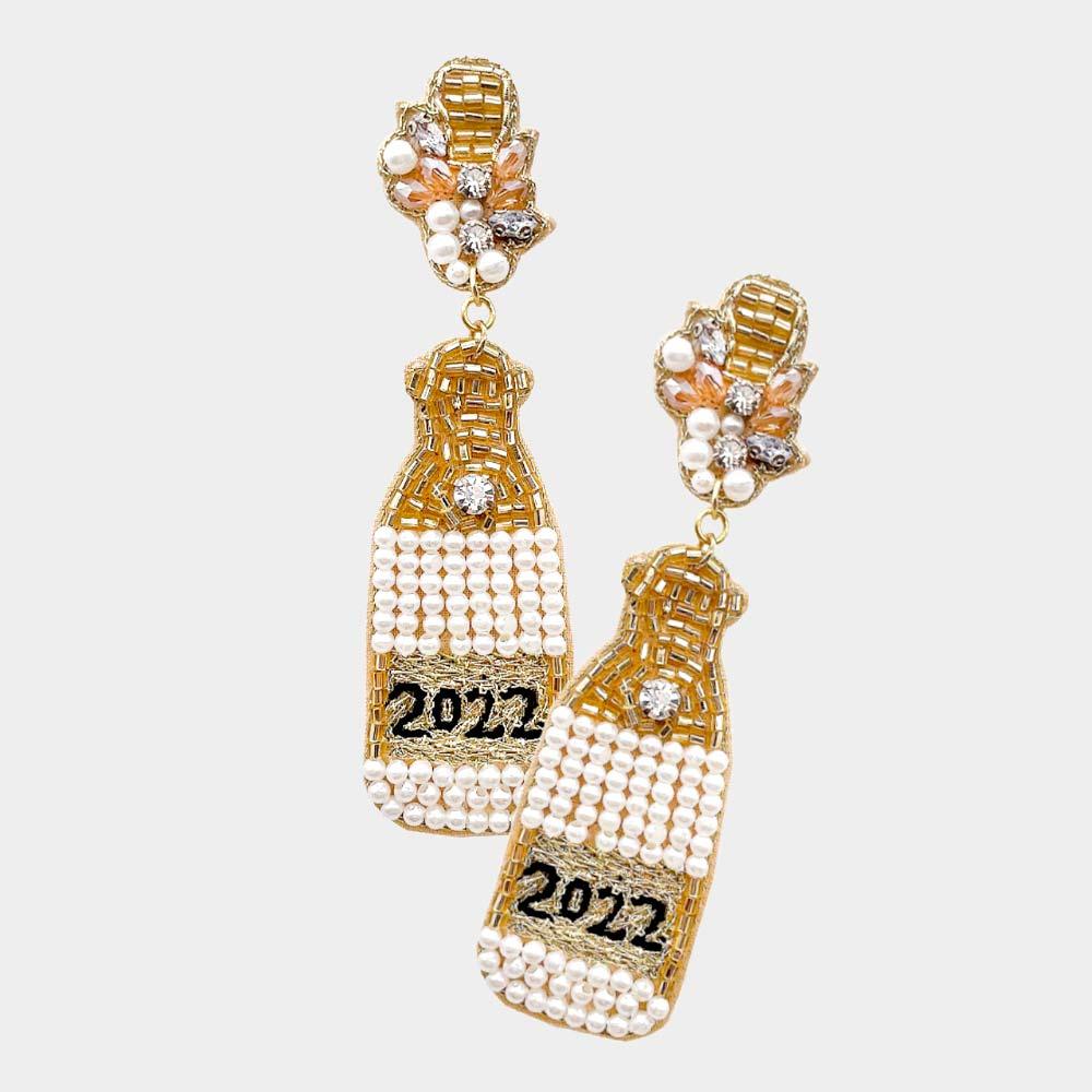 White 2022 Felt Back Beaded Champagne Dangle Earrings