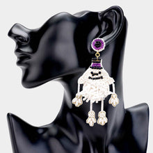 Load image into Gallery viewer, White Felt Back Seed Beaded Witch Hat Ghost Dangle Earrings
