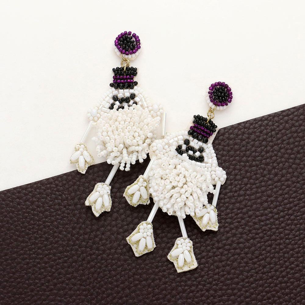 White Felt Back Seed Beaded Witch Hat Ghost Dangle Earrings