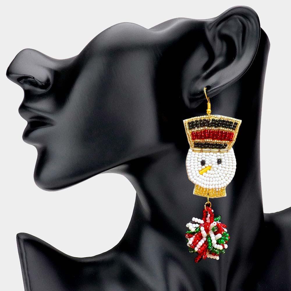 White Felt Back Snowman Beaded Ball Link Dangle Earrings - Jewelry Store by Erik Rayo