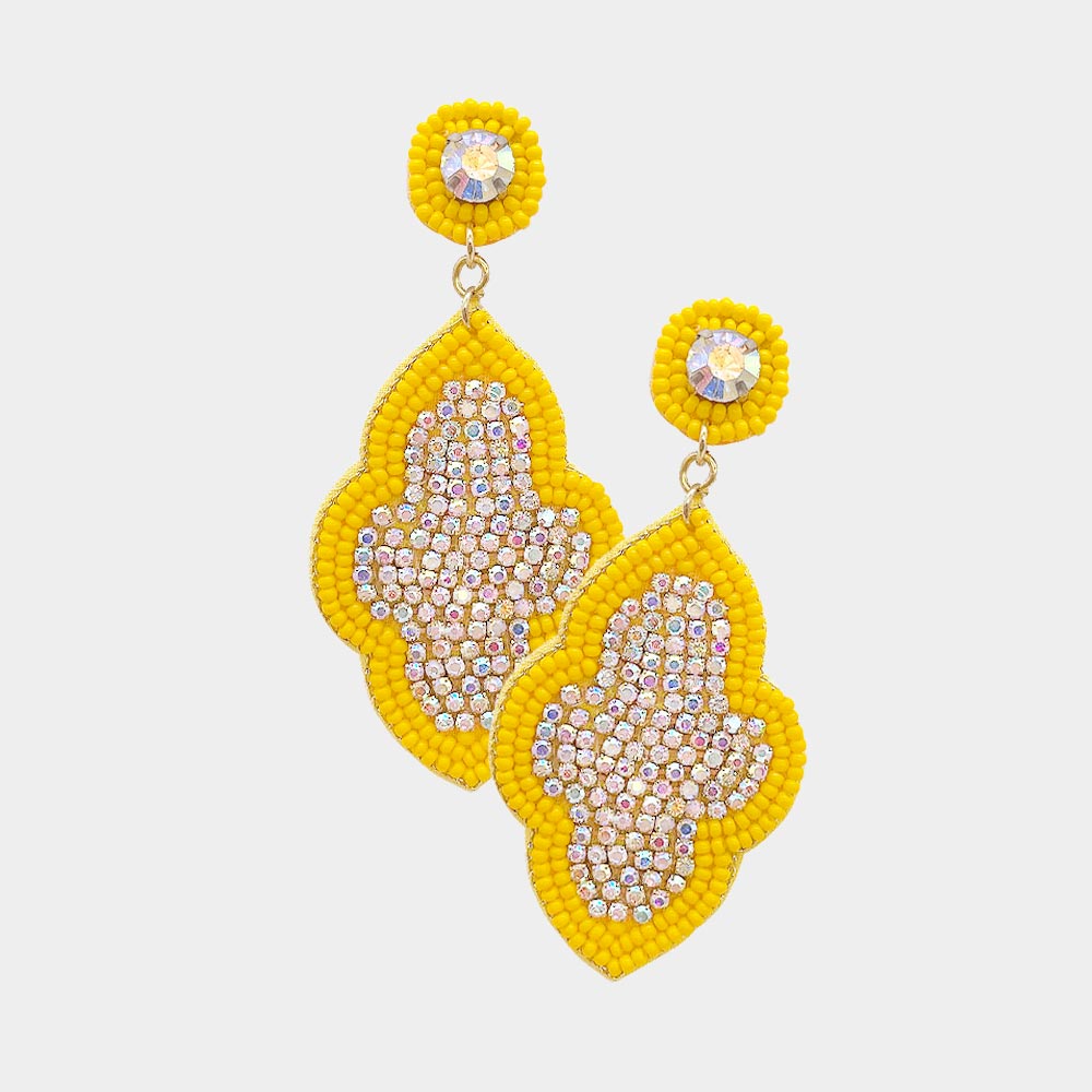 Yellow Felt Back Seed Bead Trimmed Rhinestone Quatrefoil Dangle Earrings